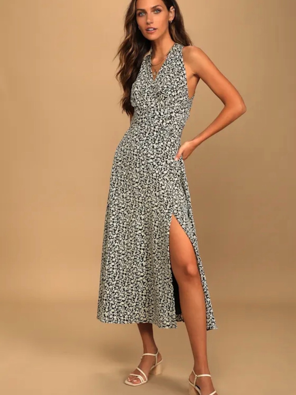 Lulus Blooming With Sweetness Olive Green Floral Halter Midi Dress Size L